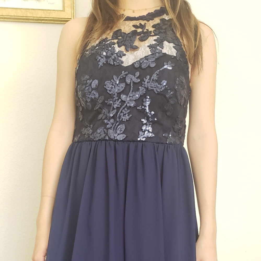navy blue formal midi dress